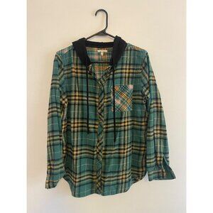 Maurices Women’s Plaid Button-Up Hoodie Shirt Green With Black Hood Size M